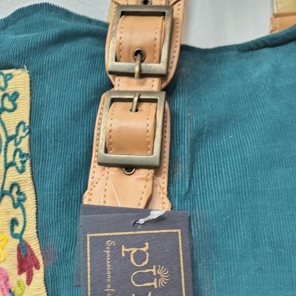 Purva Hand Made Floral Embroidered Green Corduroy Tote Bag Bobo Workwear Hippie - Picture 4 of 15